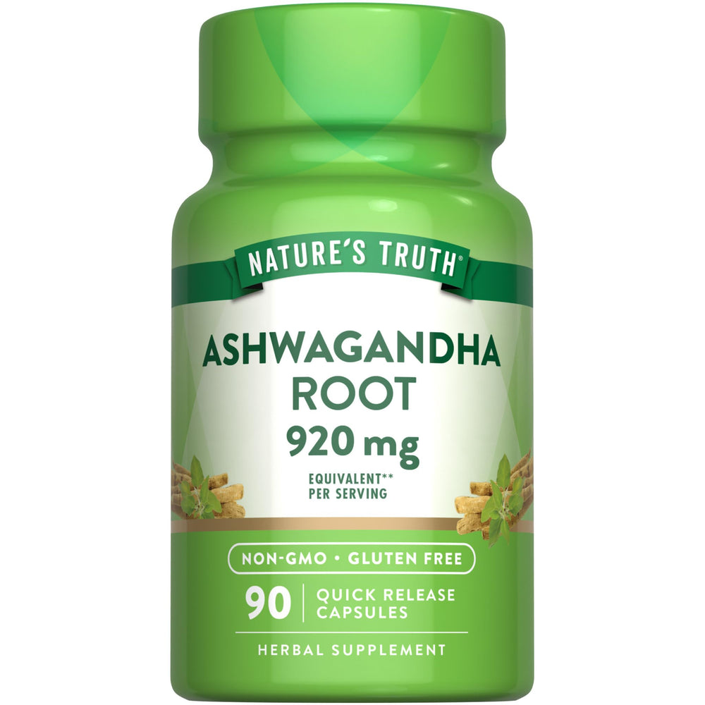 Nature's Truth Ashwagandha capsules bottle highlights gluten-free, non-GMO support for daily wellness.