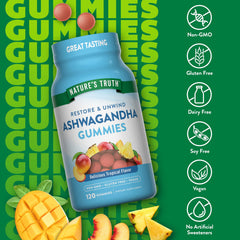 Packaging for Nature's Truth Ashwagandha Gummies highlights gluten-free and non-GMO nutrition.