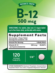 Nature's Truth B12 label closeup highlighting vegan and gluten-free formulation