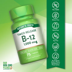 Nature's Truth Vitamin B12 tablets dispensed illustrating easy daily supplementation routine.