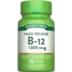 Nature's Truth Vitamin B12 bottle close-up showing timed-release tablets for steady energy support.