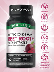 Nature's Truth Beet Root Capsules packaging label highlights gluten-free and non-GMO credentials