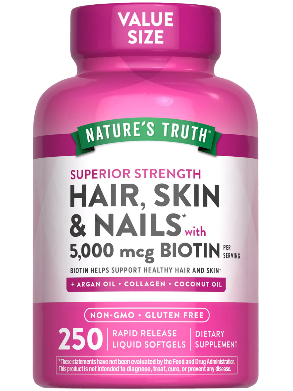 Nature's Truth Biotin softgels bottle for daily beauty support in a non-GMO formula