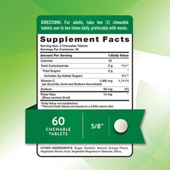 Nature's Truth chewable Vitamin C rose hips tablets closeup, shows 500 mg Vitamin C per chew.