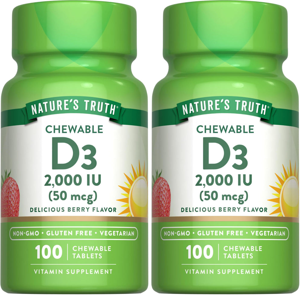 Nature's Truth vitamin D3 berry chewables bottle highlights vegetarian daily wellness option.