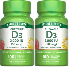 Nature's Truth vitamin D3 berry chewables bottle highlights vegetarian daily wellness option.