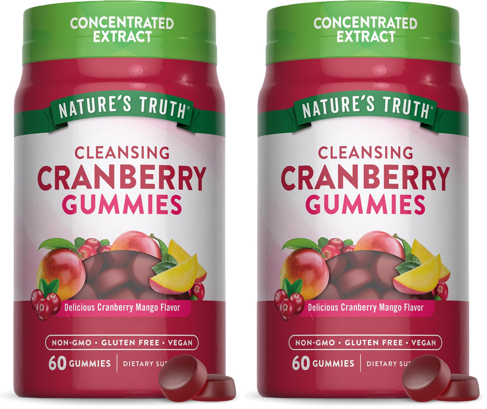 Nature's Truth Cranberry Gummies bottle close-up showing vegan, non-GMO formula for daily wellness