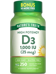 Nature's Truth D3 1000 IU softgel bottle, a convenient daily vitamin D source.
