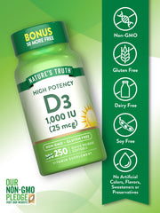 Nature's Truth D3 bottle front showing gluten-free and non-GMO labeling.