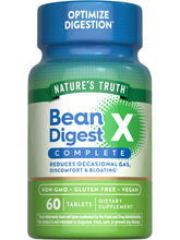 Nature's Truth Digestive Enzymes bottle pour illustrating meal-time support for beans and vegetables