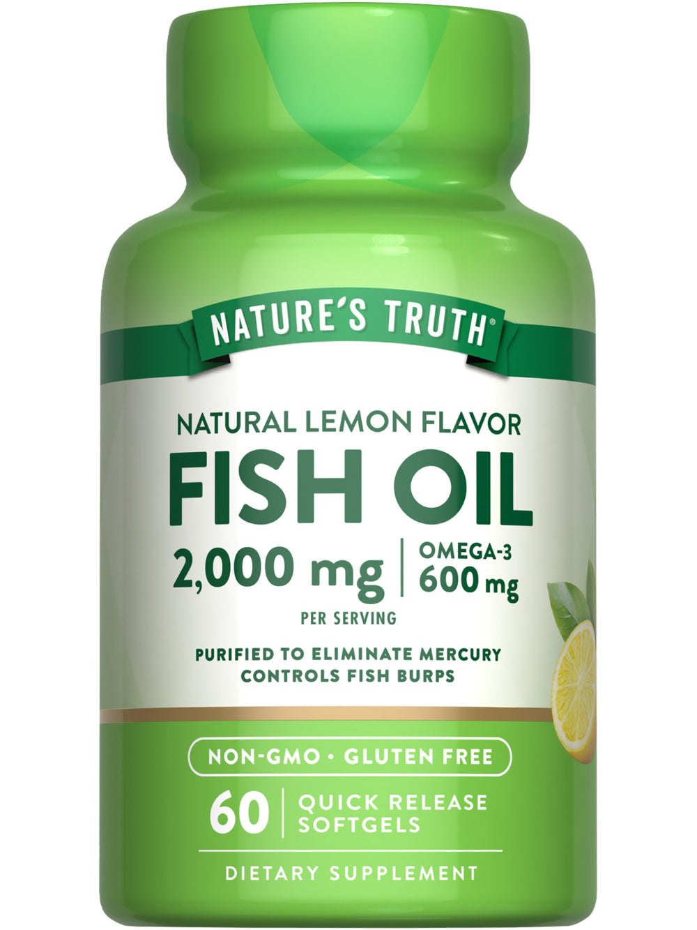 Nature's Truth fish oil bottle front highlights 2000 mg omega-3 per serving.
