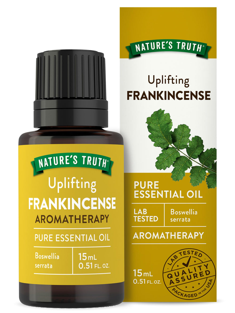 Nature's Truth frankincense essential oil bottle for diffusers with warm citrus aroma