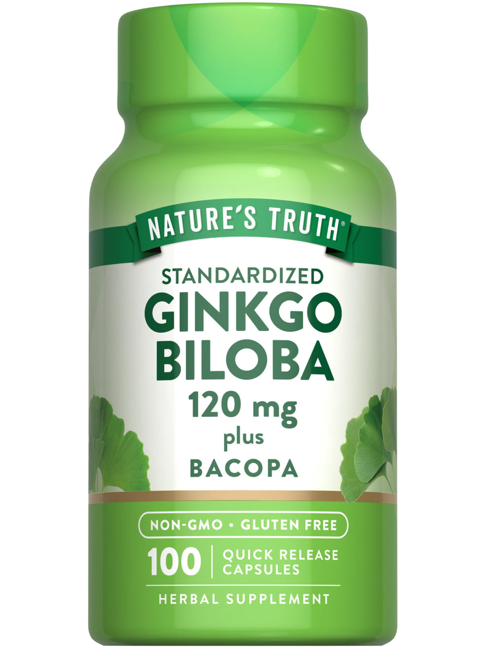 Nature's Truth Ginkgo Biloba bottle label shows 120mg and Bacopa blend