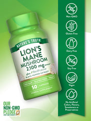 Close-up of Nature's Truth Lions Mane capsules in vegan shell for daily use.