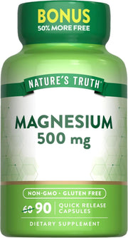 Nature's Truth Magnesium Oxide 500mg bottle showing gluten-free supplement for muscle and bone support.