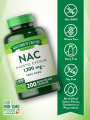 Nature's Truth NAC bottle label shows gluten-free certification and transparency.