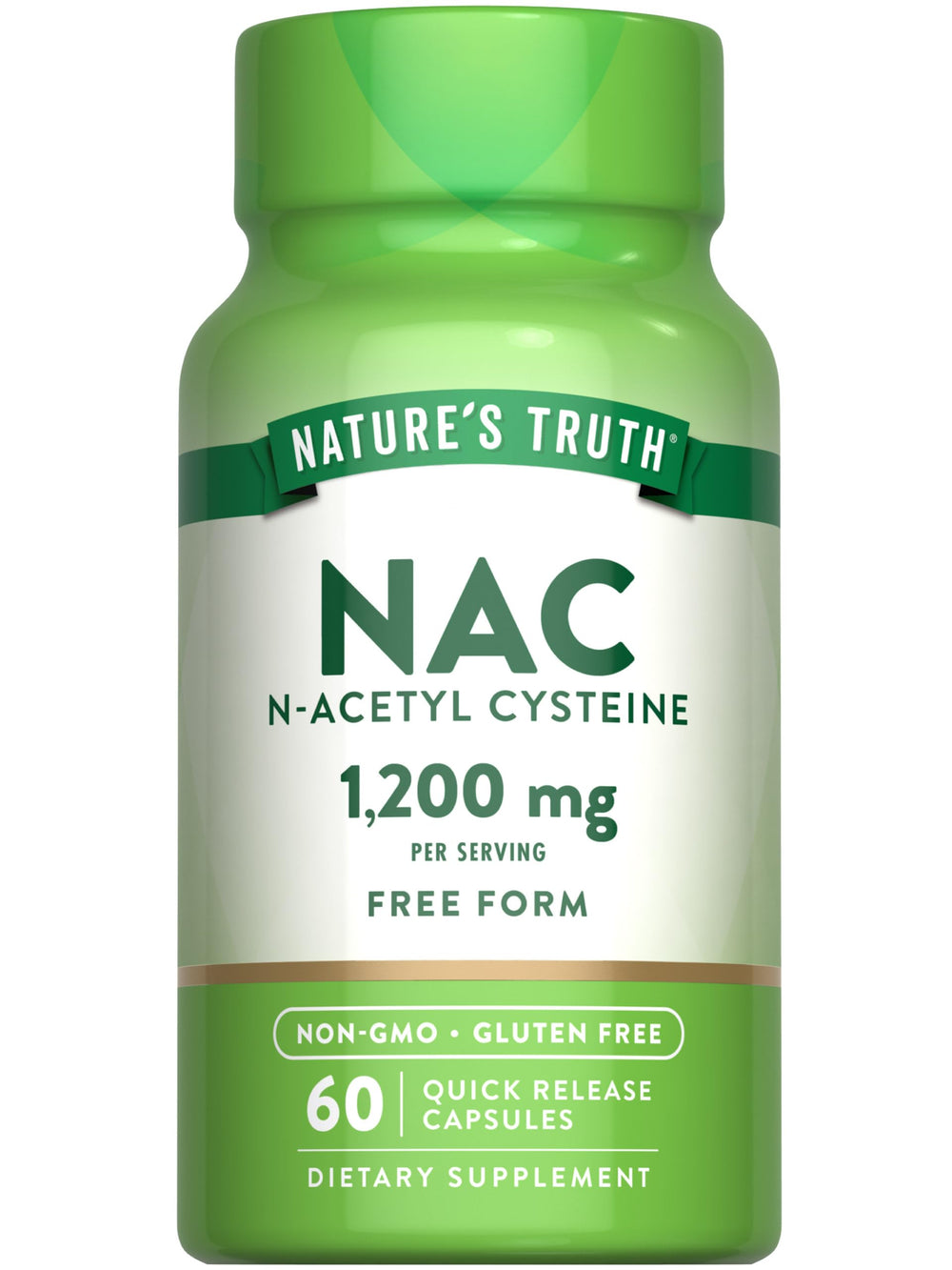 Nature's Truth NAC supplement bottle showing 1200 mg per serving for daily use.