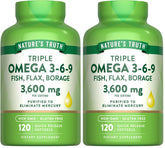 Nature's Truth Omega 3-6-9 softgels bottle highlights triple omega blend.