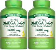 Nature's Truth Omega 3-6-9 softgels bottle highlights triple omega blend.