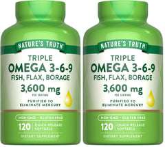 Nature's Truth Omega 3-6-9 softgels bottle highlights triple omega blend.