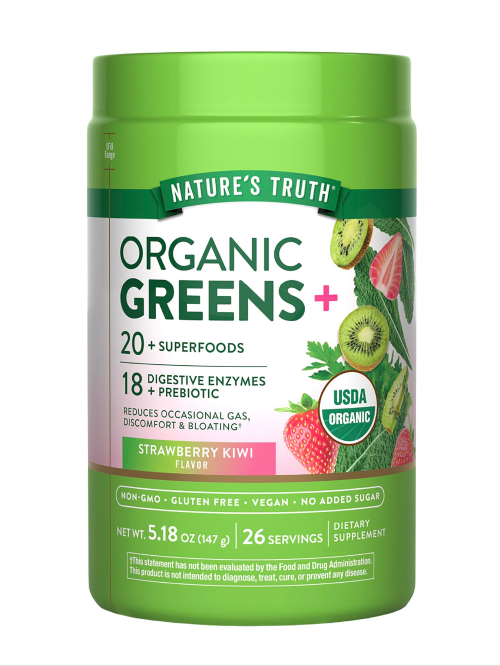 Nature's Truth Organic Greens Powder jar-front highlights a vibrant superfoods blend for daily vitality.