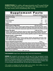 Nature's Truth Organic Greens Powder tub-label emphasizes vegan, gluten-free nutrition for busy mornings.