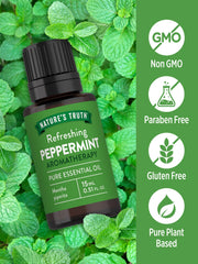 Nature's Truth Peppermint Oil dropper closeup for precise topical or aromatic use.