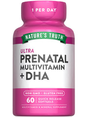 Nature's Truth Prenatal softgels bottle shows DHA support for mom and baby.
