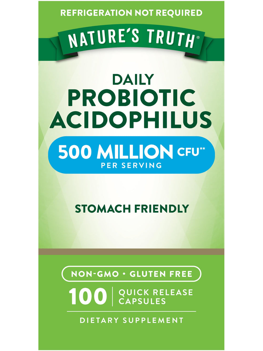 Nature's Truth Probiotics bottle close-up showing 500 million CFU per serving for daily probiotic support.