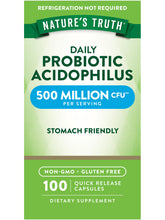 Nature's Truth Probiotics bottle close-up showing 500 million CFU per serving for daily probiotic support.