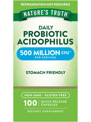 Nature's Truth Probiotics bottle close-up showing 500 million CFU per serving for daily probiotic support.