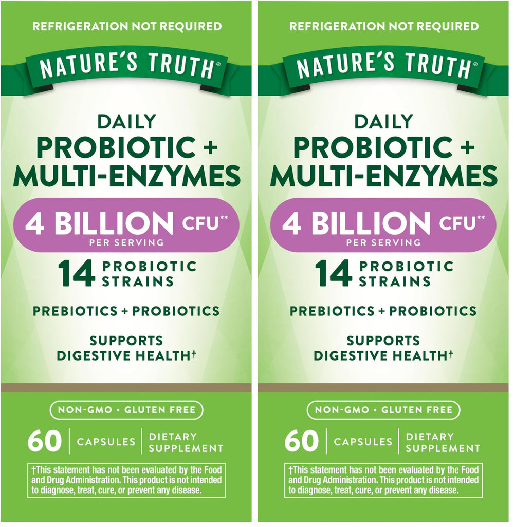 Nature's Truth Probiotics with Enzymes bottle shows a balanced daily digestive blend