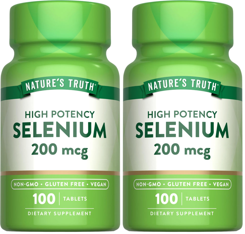 Nature's Truth selenium 200 mcg pack shows vegan tablets for daily wellness.
