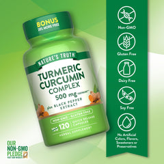 Nature's Truth Turmeric Curcumin bottle label shows non-GMO and gluten-free features