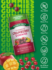 Nature's Truth Cranberry Gummies label emphasizes vegan, non-GMO ingredients for clean snacking.