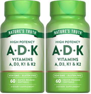 Nature's Truth Vitamin ADK bottle front shows high potency A, D3, K1 & K2