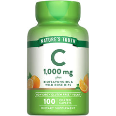 Nature's Truth Vitamin C bottle with bioflavonoids and rose hips, 1000 mg per serving.