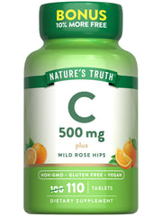 Nature's Truth Vitamin C with Rose Hips bottle shows 110 vegan tablets for daily support.