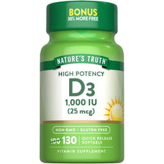 Nature's Truth Vitamin D3 bottle with softgels promotes daily wellness.