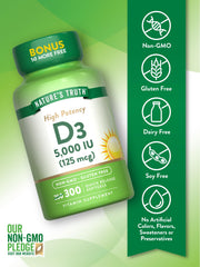 Nature's Truth Vitamin D3 label showing non-GMO and gluten-free