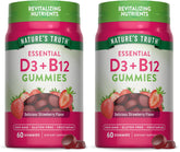Nature's Truth Vitamin D3 and B12 gummies in bottle with strawberry flavor for daily wellness.