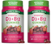 Nature's Truth Vitamin D3 and B12 gummies in bottle with strawberry flavor for daily wellness.