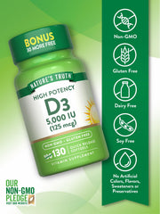 Bottle label showing gluten-free and non-GMO status for Nature's Truth Vitamin D3.