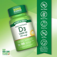 Nature's Truth Vitamin D3 label highlights gluten-free and non-GMO features.