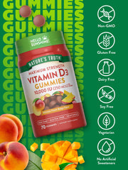 Nature's Truth vitamin D3 gummies packaging front highlighting vegetarian and gluten-free benefits