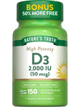 Nature's Truth Vitamin D3 softgel bottle for adults showing daily intake potential