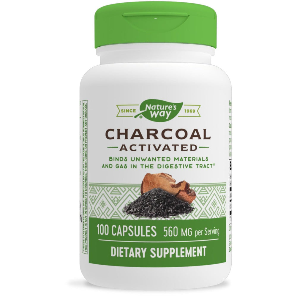 Nature's Way Activated Charcoal bottle with capsules for potential digestive support.