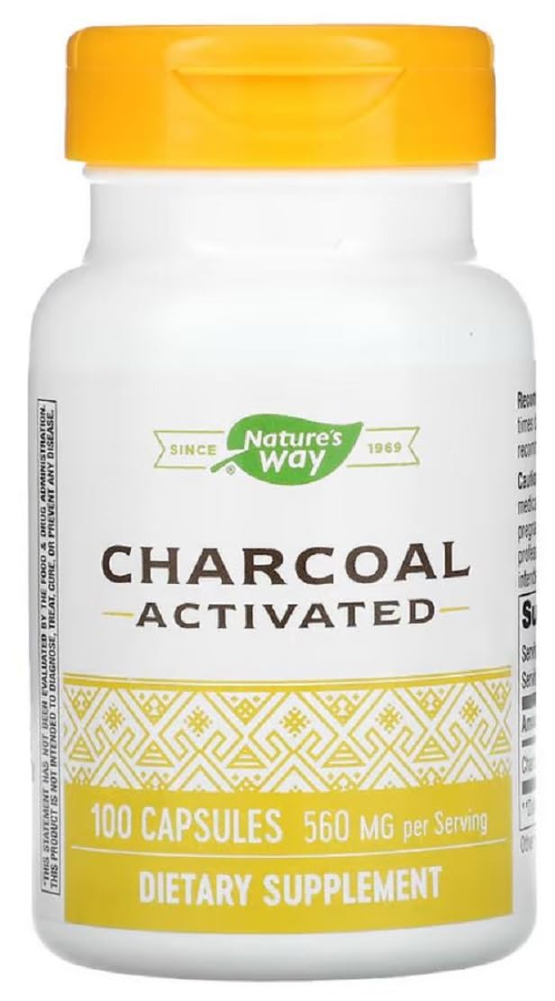 Nature's Way Activated Charcoal bottle front with capsules for digestive support