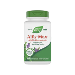 Nature's Way Alfa-Max bottle front shows daily vegan alfalfa support