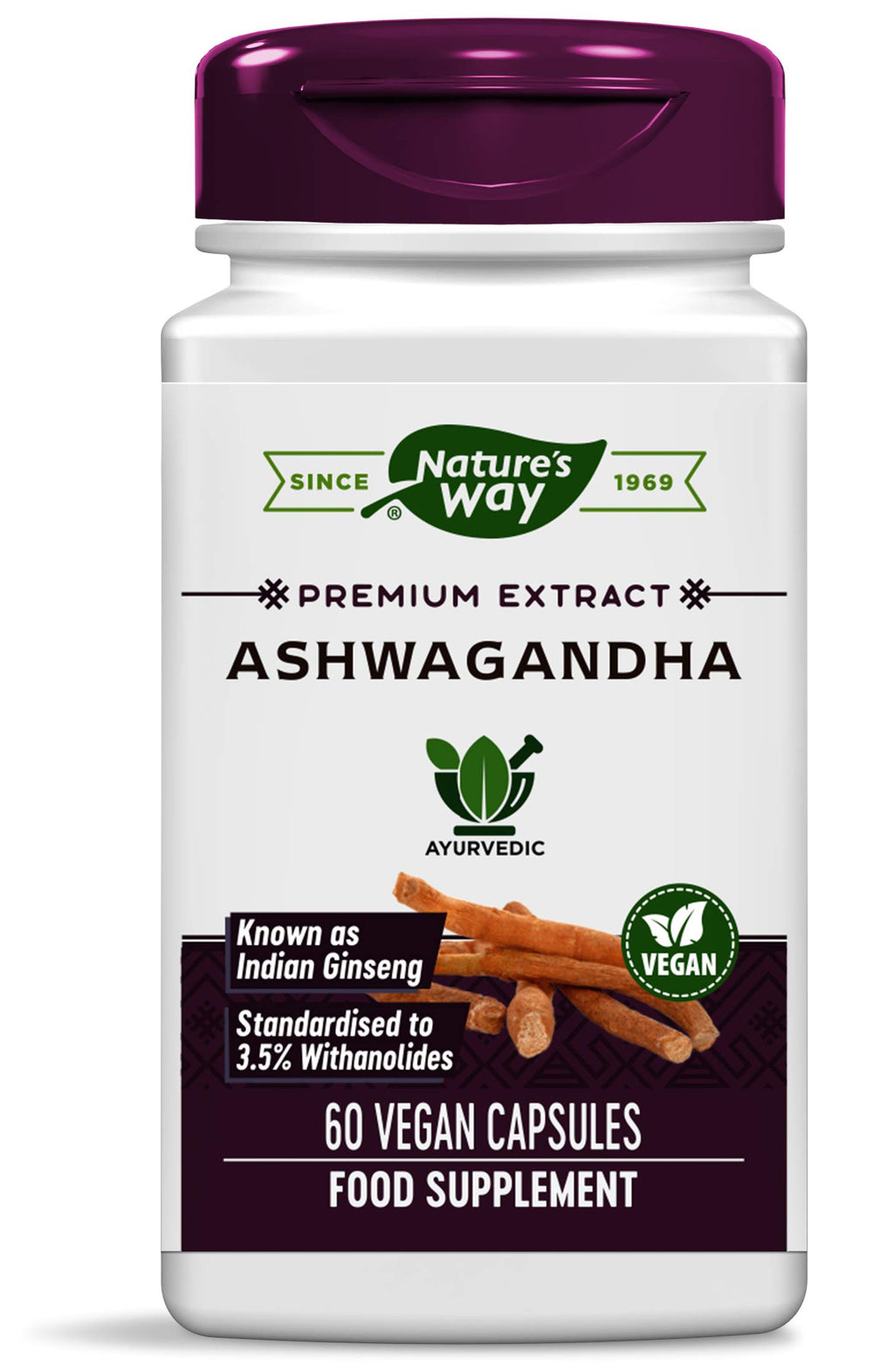 Nature's Way Ashwagandha bottle front showing the label and product name for daily balance.